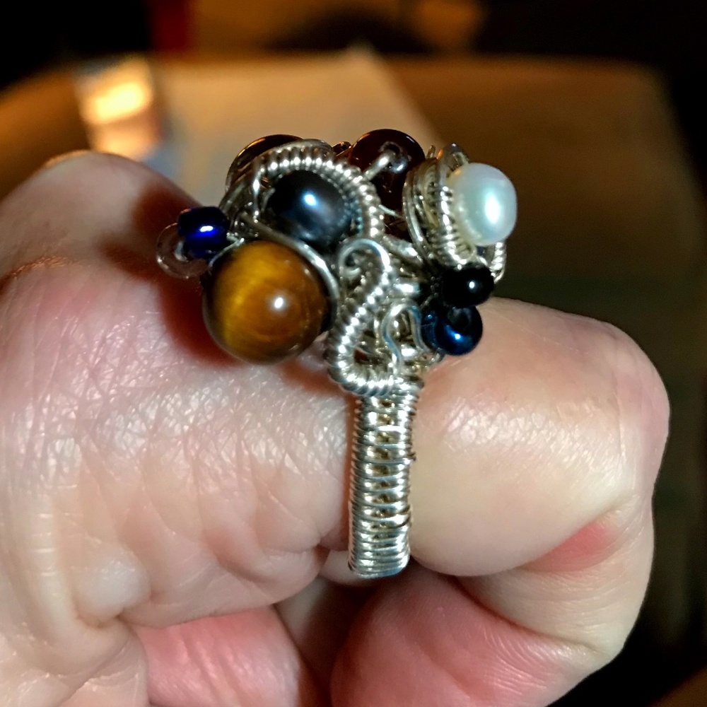 Fabulous Cocktail Ring Sterling Silver with pearls, tiger eye, and glass beads